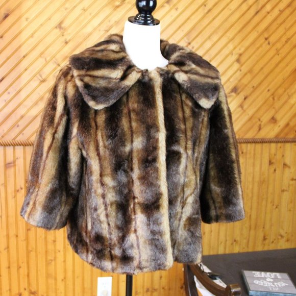 Luii Faux Fur Jacket Large Brown Vegan Animal Friendly 3/4 Sleeve Formal D36 - Picture 8 of 12
